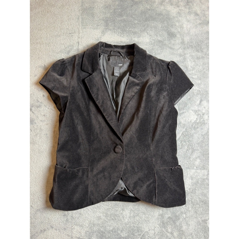 Mob Wife Office Siren Y2K Black Velvet Blazer Vest Short Cap Sleeve Fitted 10